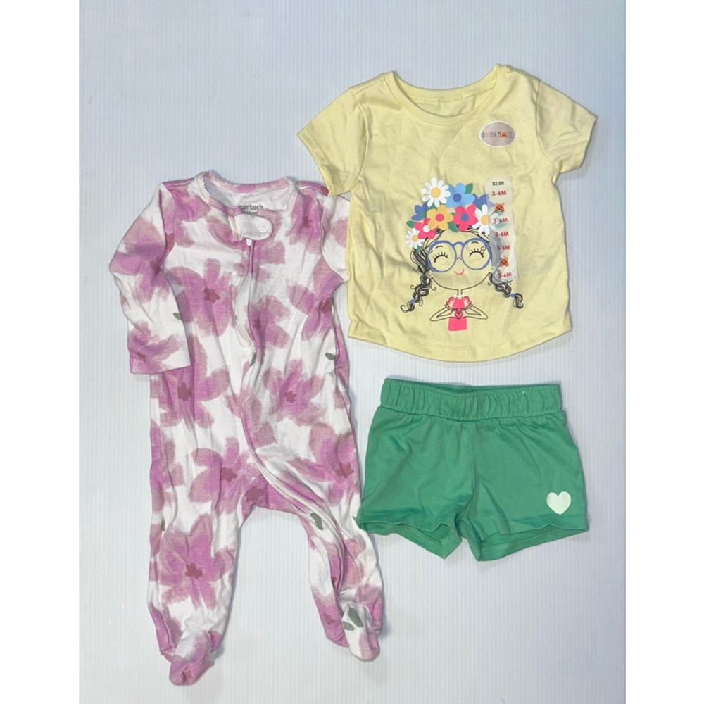 Lot of 3 Baby Girl Garanimals Carter's Set 3-6 Months Yellow Pink Green Bundle